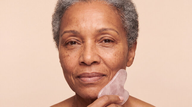 A mature Black woman uses a gua sha stone along her jawline with soft Rembrandt lighting for a skincare website header image.