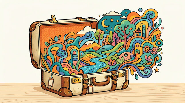 Suitcase travel luggage vacation in trip journey adventure of colorful illustration art open nature landscape