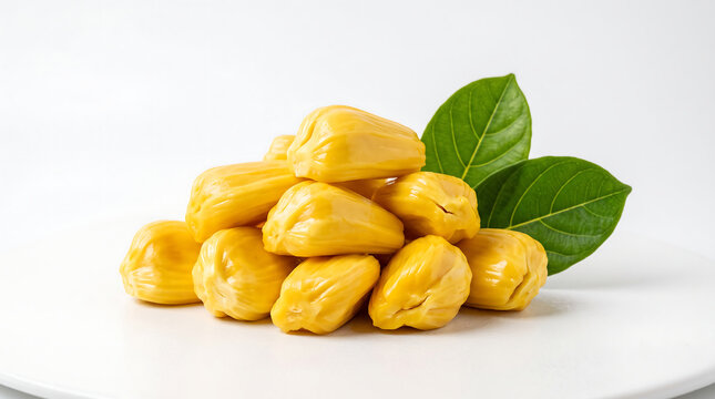 Fresh jackfruit pods arranged with green leaf on white plate for culinary presentation