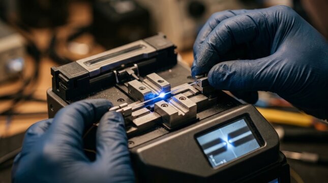 A close up view of a technician wearing blue gloves carefully handling fiber optic cables inside a high precision fusion splicing machine in a workshop setting, underscoring the fusion