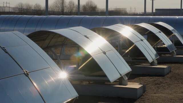 Curved parabolic solar panels reflect bright sunlight at a clean energy facility.