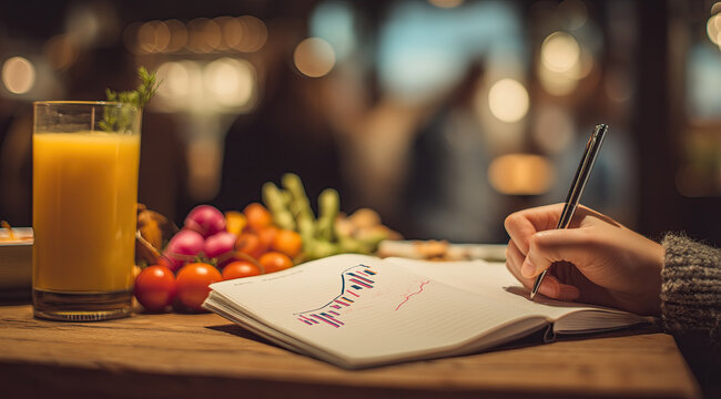 Hand writing a financial growth chart in a notebook beside fresh vegetables and orange juice on a wooden table.