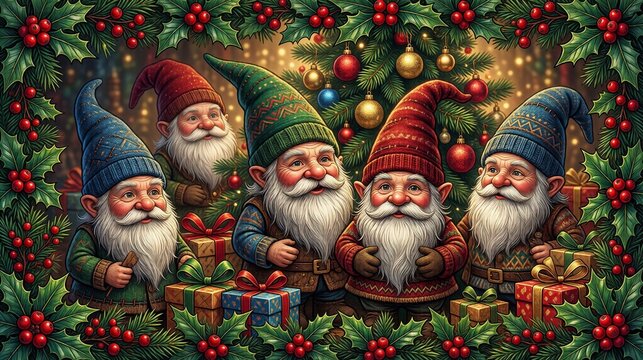 Five festive gnomes gather around a glowing Christmas tree, surrounded by gifts, holly and warm lights in a joyful holiday celebration.