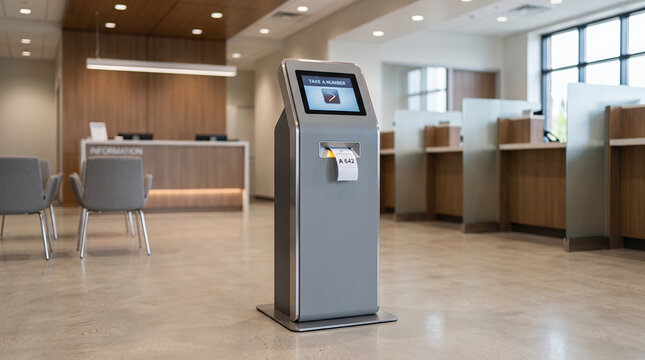 Bank queue ticket dispenser kiosk in modern branch, customer check-in and waiting line management