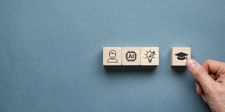 Hand placing a wooden block with a graduation cap icon to complete a career path sequence for 2027