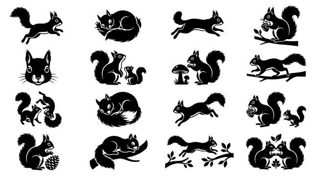 Set of sixteen black squirrel silhouette icons featuring various woodland activities such as jumping, climbing branches, eating nuts, sleeping, and mother with baby, isolated on white background.