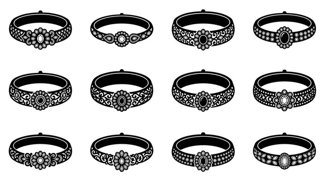 Collection of twelve black and white vector icons representing traditional ornate jewelry bangles and bracelets featuring intricate filigree patterns and central gemstone settings.