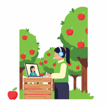 A person having a video call on a laptop placed on a wooden fruit crate in an apple orchard, vibrant red apples on trees, bright and clean. Palette: Apple red, bright green, cream, and cider