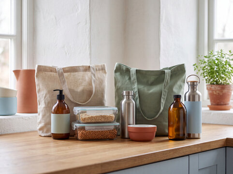 Sustainable kitchen items including reusable bags, containers, and bottles arranged on a countertop.