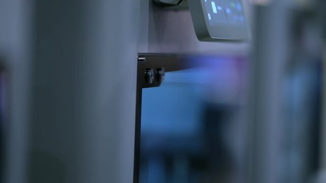 Hand interacts with modern touchscreen device. Close-up shows finger touching screen. Background blurred with blue lighting. Technology interface shown in focus. Action suggests user input or control