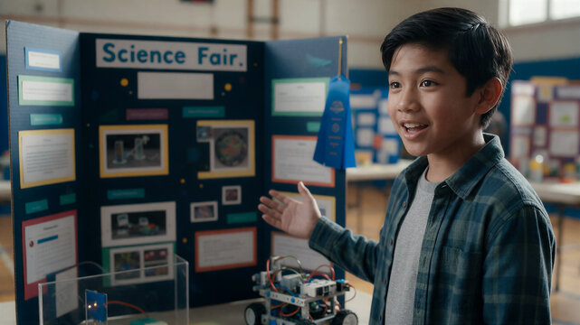 school science fairs and events, portrait young Native American schoolboy next to his robotics project display science exhibition, copy space for information obtaining university scholarship