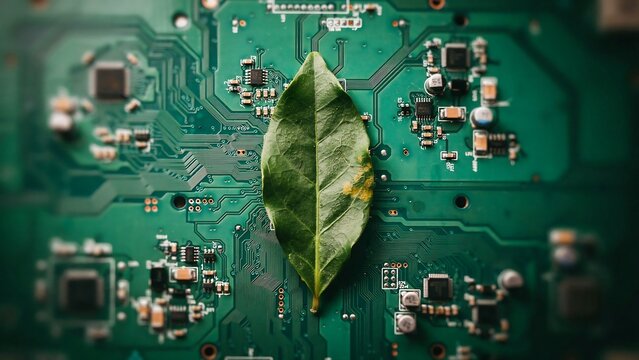 Conceptual green technology background featuring a natural leaf over a digital circuit board for sustainable future innovation 2027