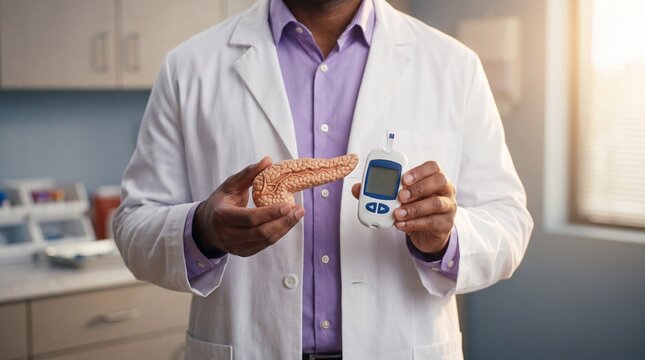 Doctor holding a model of a human pancreas and a blood glucose monitoring device