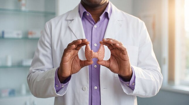 Doctor holding a plastic anatomical thyroid gland model in a professional clinic medical office