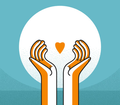 Two open hands gently surrounding a heart symbol. Concept of care, emotional, support, compassion, empathy, and positive human relationships. Minimal vector illustration.