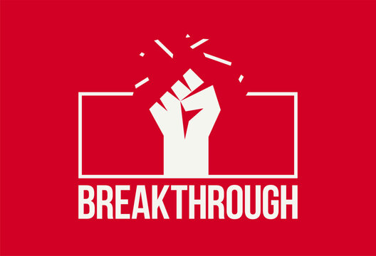 Breakthrough concept with raised fist breaking through barrier, symbol of determination, resilience, courage, empowerment, motivation for success, overcoming obstacles and personal growth.