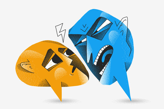 Aggressive speech bubble face intimidating frightened person. Abstract verbal abuse, bullying, psychological pressure, toxic communication and fear concept.