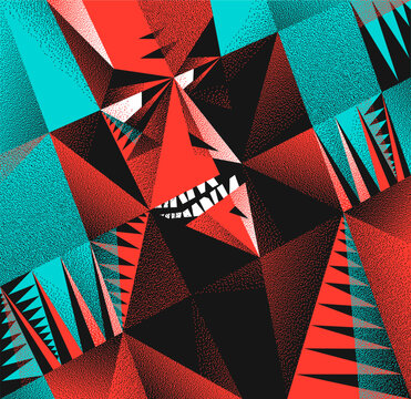 Surreal geometric face composed of sharp triangular elements and fragmented structures, abstract illustration about confrontation, punk and riot, emotional intensity, stress and inner conflict.