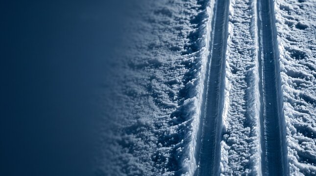 Parallel icy grooves carved in hard compacted snow inrun track, professional ski jumping winter tournament speed trajectory and winter sports precision concept with copy space