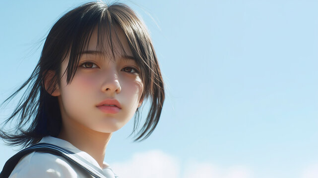 女子高生の笑顔　風になびく髪