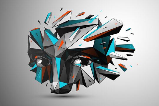 Low poly portrait of artificial consciousness expressing emotional conflict, a digital mind forming identity, vulnerability and awareness inside emerging AI systems.