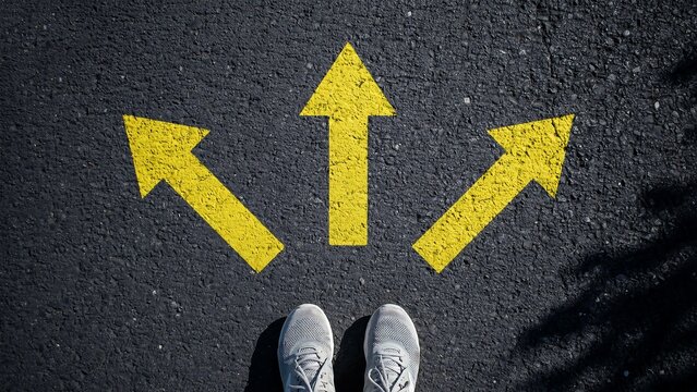 Person standing at a crossroads with three yellow directional arrows on asphalt road representing future life choices 2027