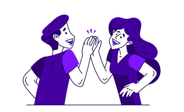 Young man and woman giving five each other, vector illustration of a happy friends or employees teammates clap each other hands displaying success.