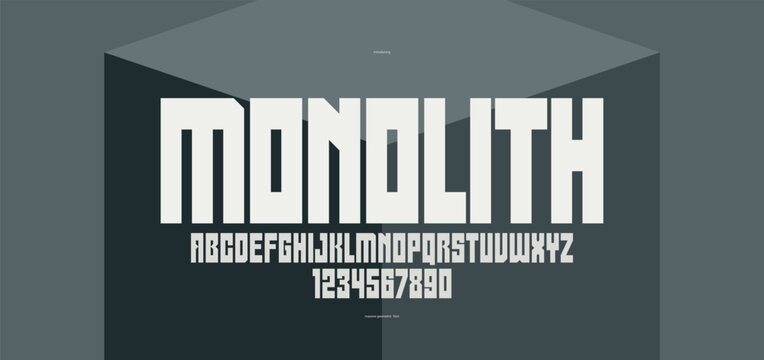 Brutal geometric square and bold and strong vector geometric font for logos and emblems, display typeface for posters, heavy and thick letters alphabet in modern style.