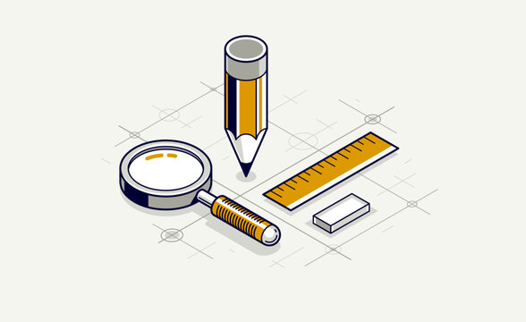 Engineering project concept, blueprint engineer work vector 3D isometric illustration, abstract draft drawing, cad technical plan.