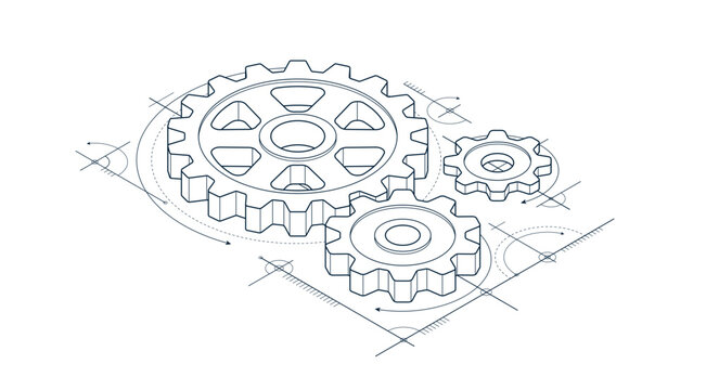 Mechanical engineering concept, gears and cogs with project drawing draft isometric 3D vector illustration, cogwheels system technology and technics machinery engine.