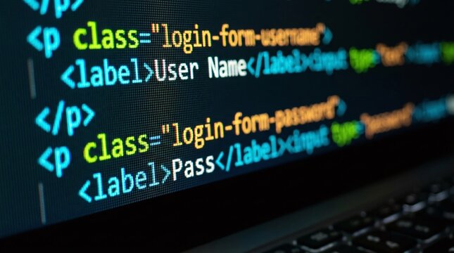 Close-up of HTML login form code on a laptop screen with syntax highlighting.