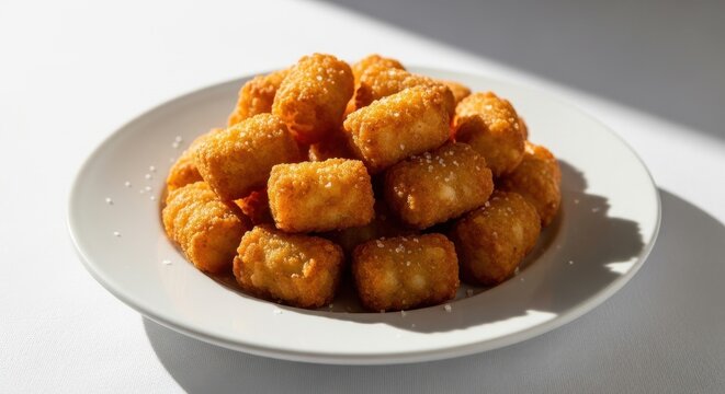 Golden brown tater tots on a white plate.