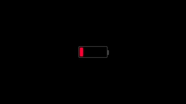 Horizontal Low Battery Indicator Animation, Red Battery Warning Icon with Nearly Empty Power Level on Black Background, Minimalist Technology UI Motion Graphic