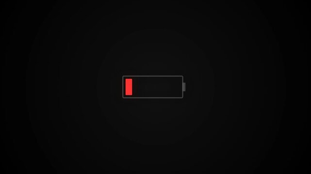Low Battery Warning Animation with Red Glowing Horizontal Battery Icon, Nearly Empty Power Status Indicator on Dark Background, Technology UI Motion Graphic