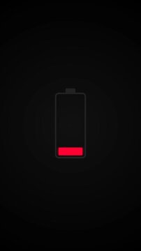 Vertical Battery Icon with Red Low Power Indicator, Nearly Empty Battery Warning Animation on Black Background, Minimalist Technology UI Motion Graphic