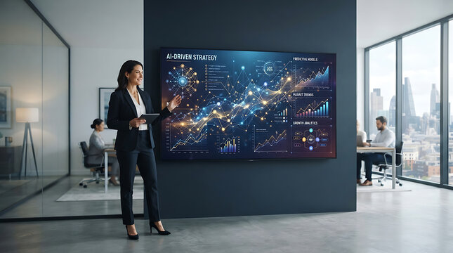 Professional Businesswoman Presenting Advanced AI Data Strategy Analytics on a Digital Screen in a Modern Corporate Office Setting