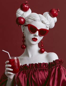  woman styled as a white marble statue, set against a solid deep red backdrop