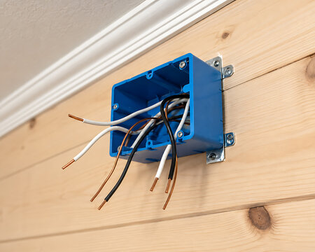 Electrical junction box mounted on wooden wall with exposed wiring and screws