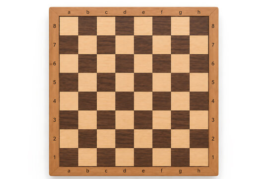 Wooden chessboard with alphanumeric markings sits on a white surface squares wood