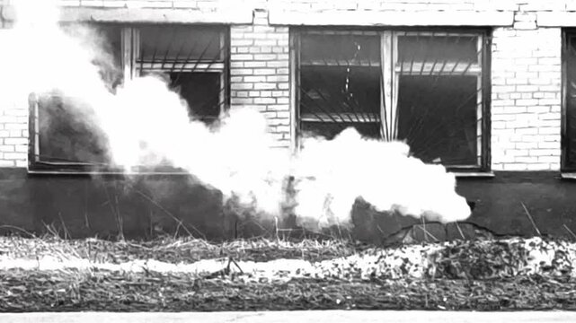 Thick white steam escaping from a wall pipe of an old brick house, creating an emergency accident scene in black and white atmosphere during cold weather.