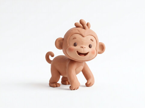 Cute 3D clay monkey toy character standing isolated on white background
