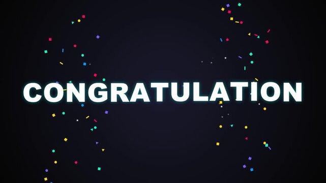 Animated Congratulation Text Overlay with Colorful Confetti Particles on Dark Background.