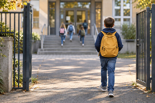 Back to school: boy with backpack at the school gate