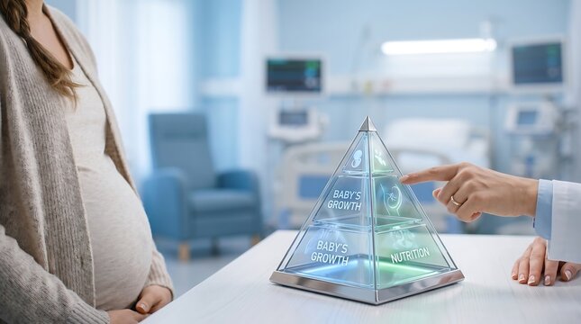 Pregnant Woman and Doctor Examining Fetal Development Using Advanced 3D Holographic Medical Technology in Clinic