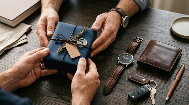 Elegant gift box exchange between men, luxury blue wrapped present with twine, sophisticated leather accessories and wristwatches on dark wood
