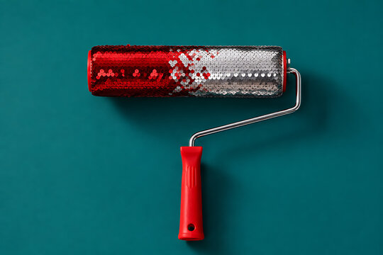 Paint roller covered in red sequins and silver glitter rests on teal surface