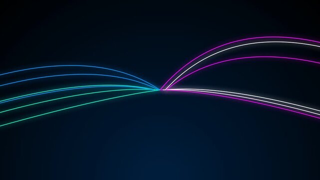 Abstract Digital Data Flow Animation with Glowing Neon Light Arcs on Dark Background.
