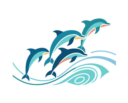 Colorful dolphin shapes jumping over stylized waves. Ideal for travel agency banners, marine parks, summer posters.