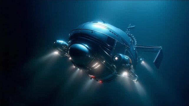 Submersible Explorer in Deep Blue: A futuristic submersible vessel, illuminated by its powerful searchlights, navigates the mysterious depths of the dark blue ocean.