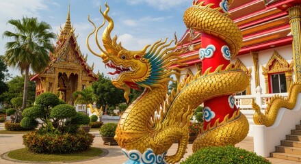 Fototapeta premium Golden Dragon Statue at Traditional Thai Temple Complex.